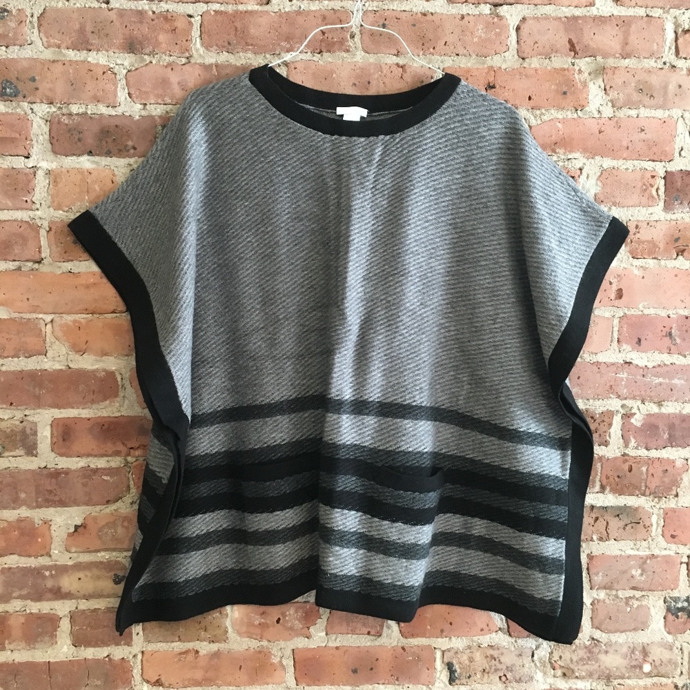 J. Jill Blanket Stripe Wool Poncho Black & Gray